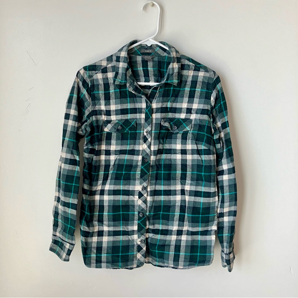 Eddie Bauer Flannel Classic Button Shirt Women's M blues teal greens pink